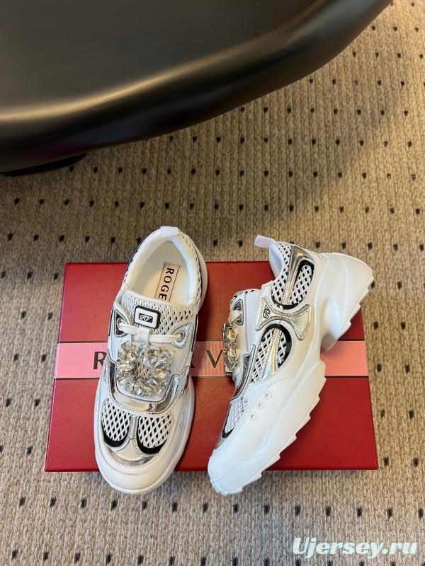 2025 Women Roger Vivier White Black Leather Synthetic Fabric Sneakers KFY00380