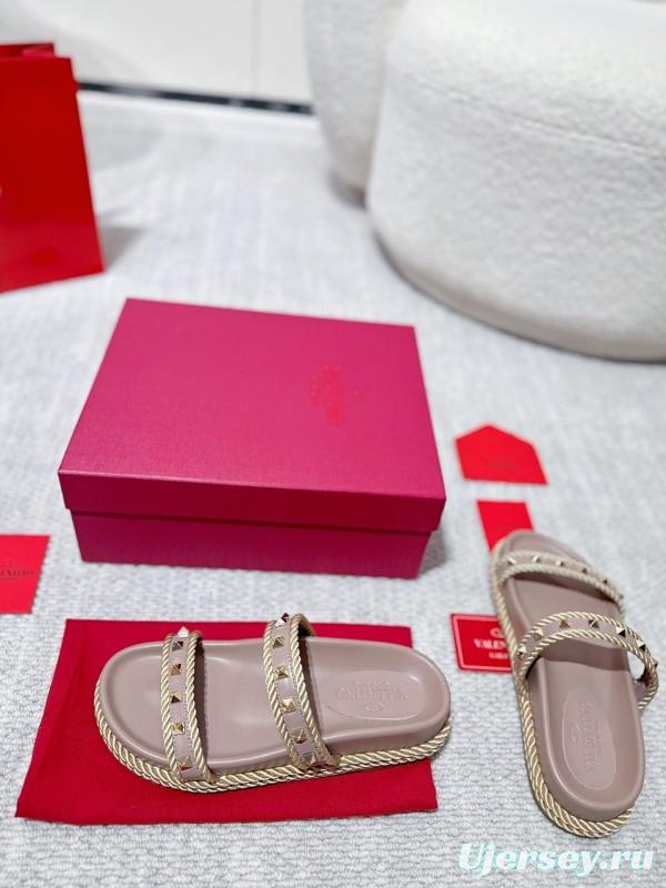 2025 Women Valentino Beige Leather Slippers