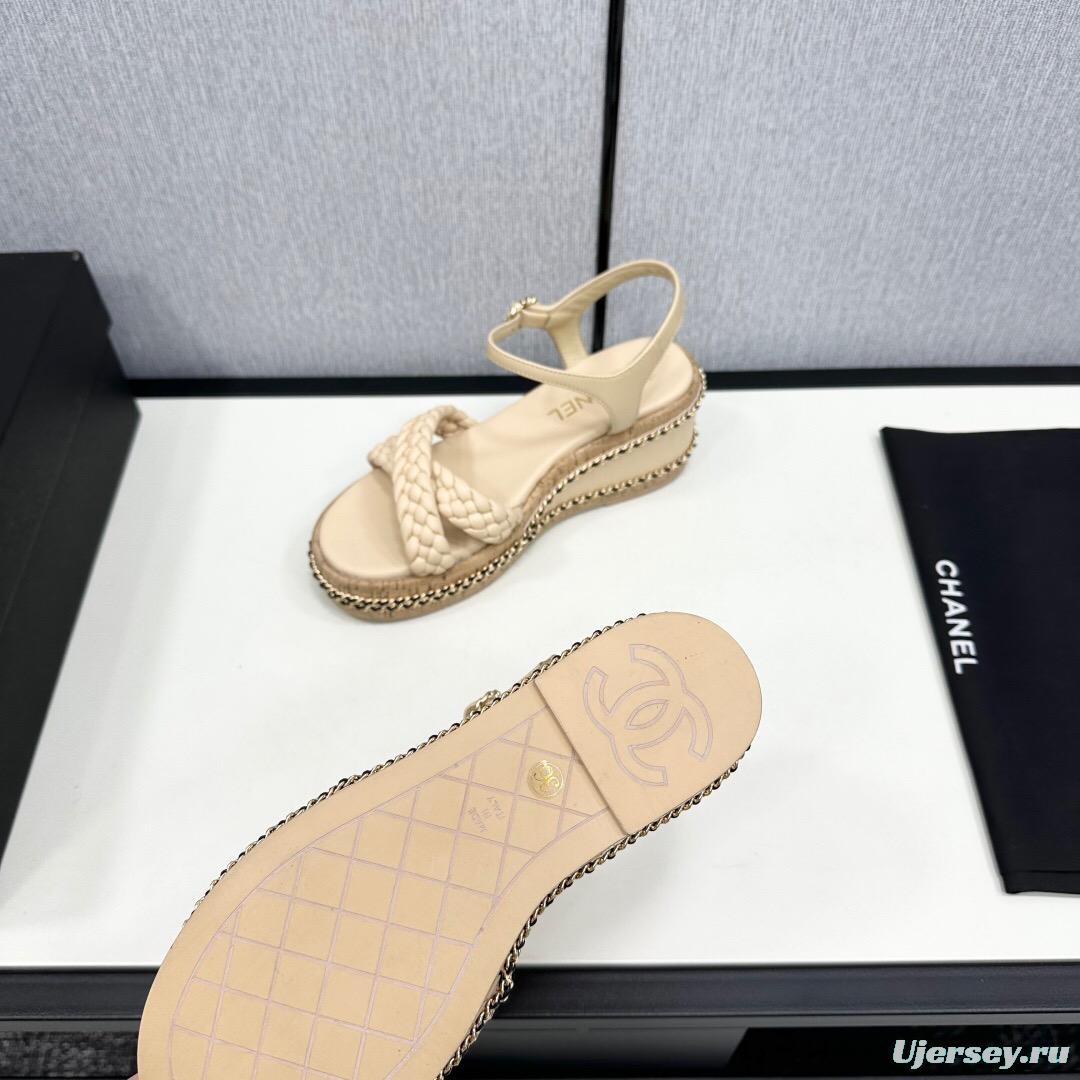 2025 Women Chanel Beige Leather Wedge Sandals