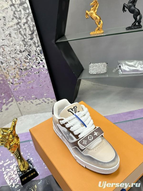 2024 Unisex Louis Vuitton White Brown Leather Mesh Plimsolls Waxed Vintage MJ00500