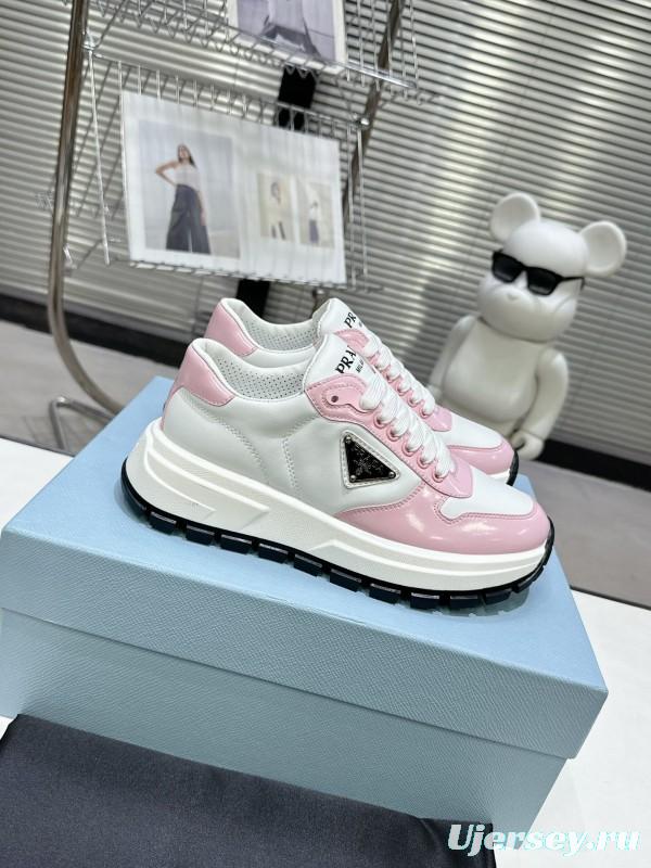 2025 Women Prada White Pink Leather Sneakers