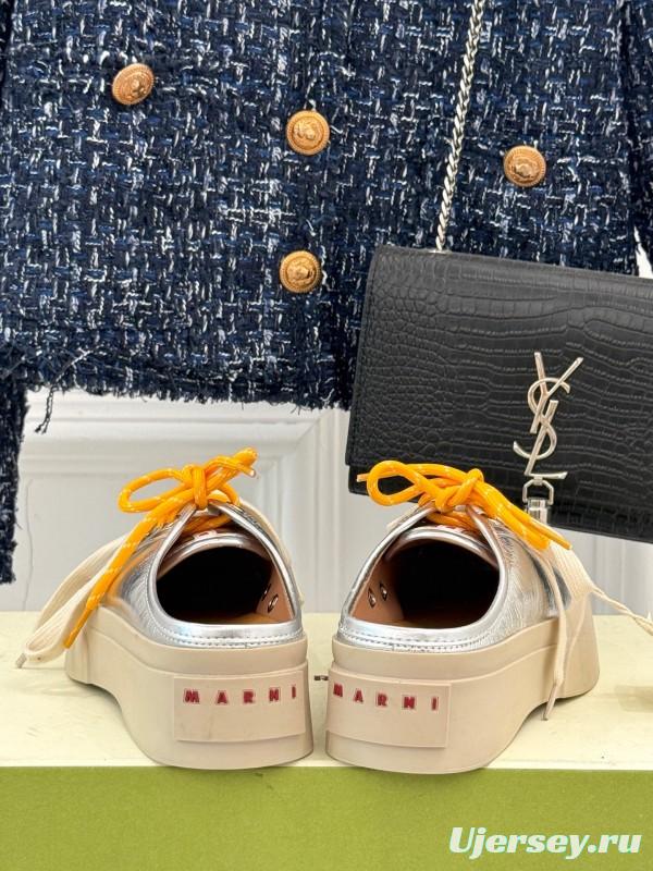 2025 Women Yves Saint Laurent Silver Leather Platform Sneakers With Orange And Beige Laces YSL123(F)