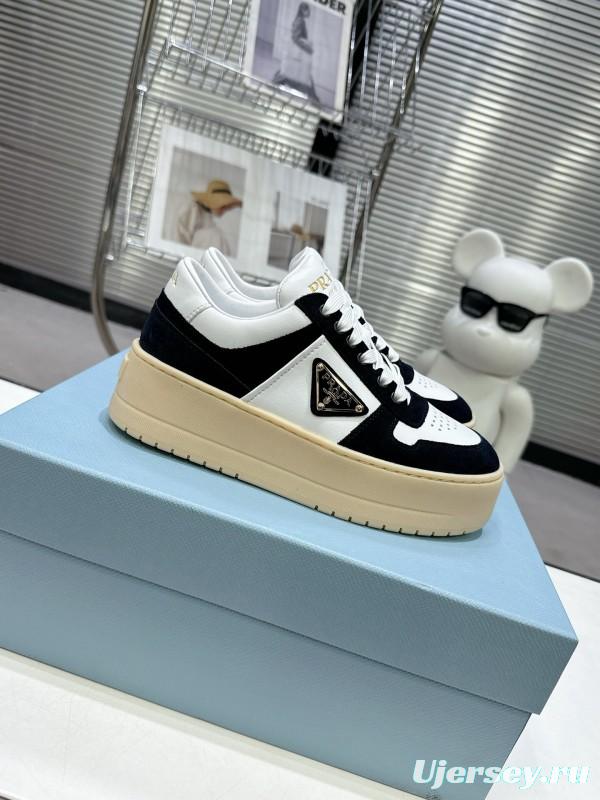 2025 Women Prada Black White Leather Suede Sneakers Downtown Bold KFY00310