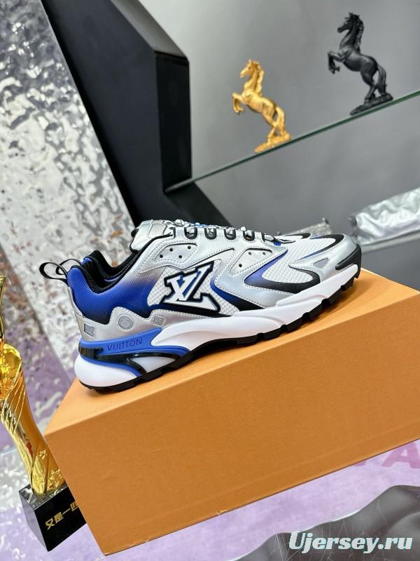 2025 Men Louis Vuitton White Blue Leather Mesh Sneakers MJ00420