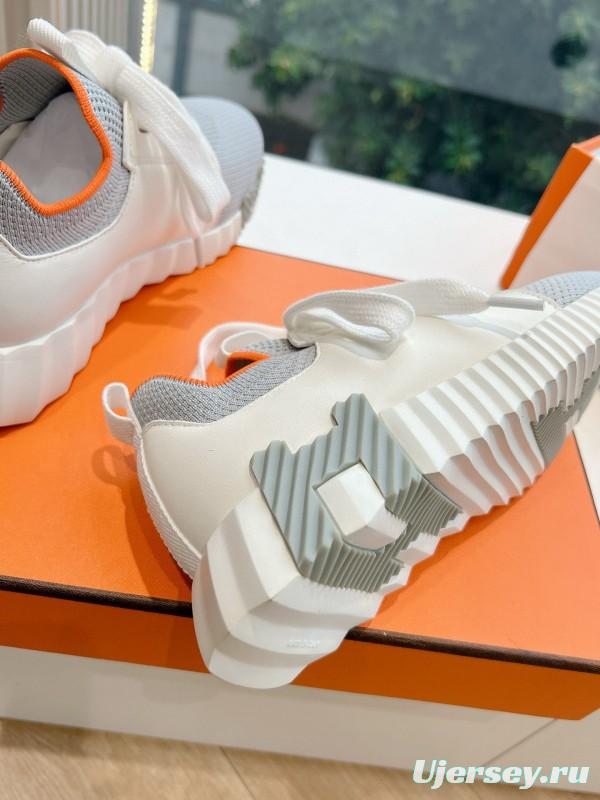 2024 Unisex Hermès Gray White Orange Calf Leather Suede Knit Sneakers MJ00290