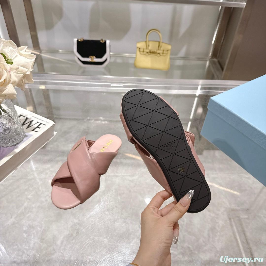 2025 Women Prada Pink Leather Slippers