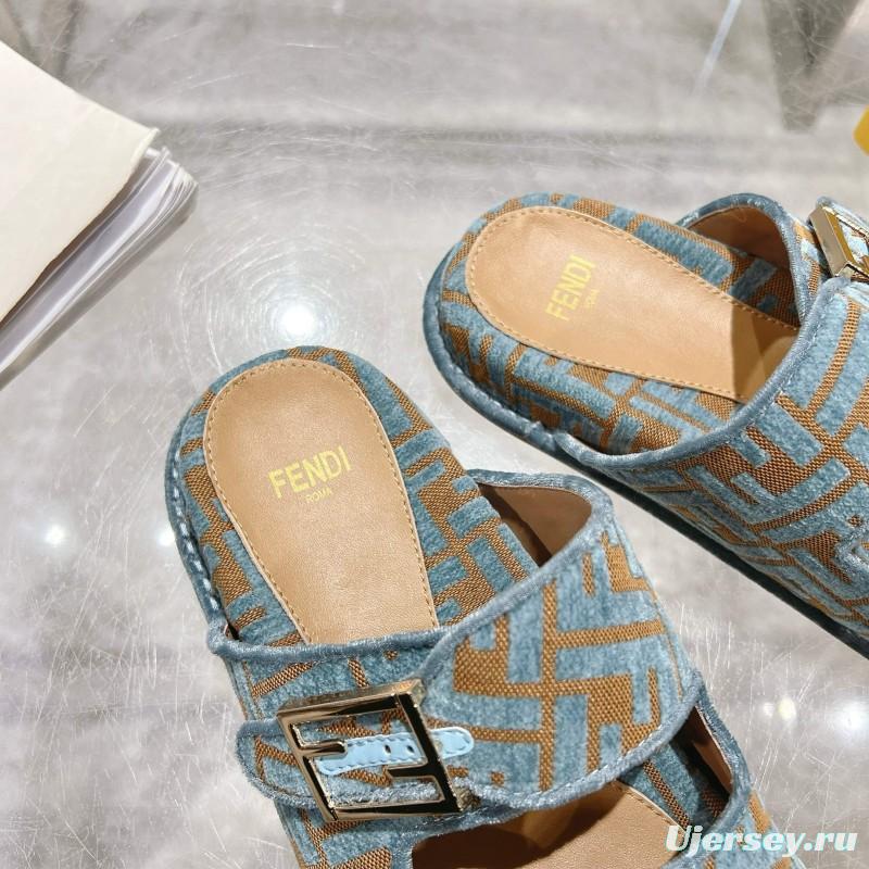 2025 Fendi Blue Beige Fabric Leather Slippers KFY00250