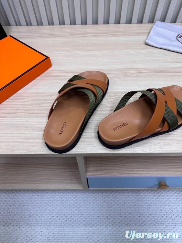 2025 Slippers Hermès Brown Green Leather Fabric Slippers