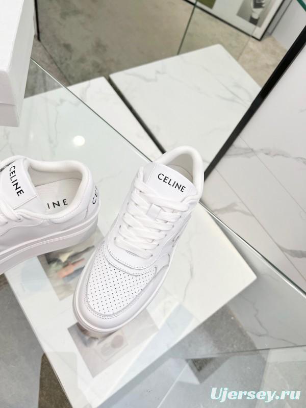 2025 Women Celine White Leather Platform Sneakers Embossed KFY00270