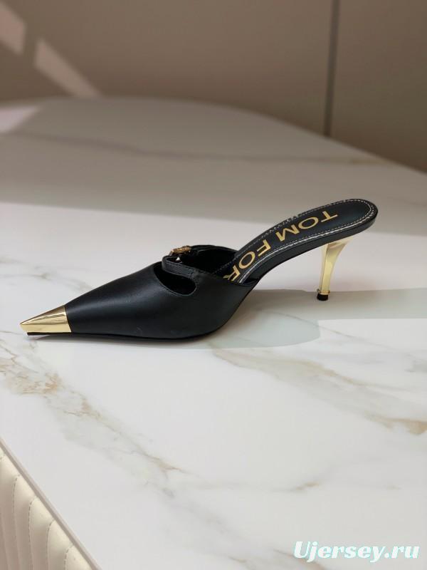 2025 Women TOM FORD Black Gold Leather Heeled Mules KFY00300