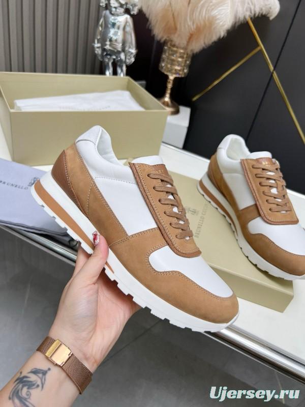 2024 Unisex Brunello Cucinelli White Brown Suede Leather Sneakers MJ00360