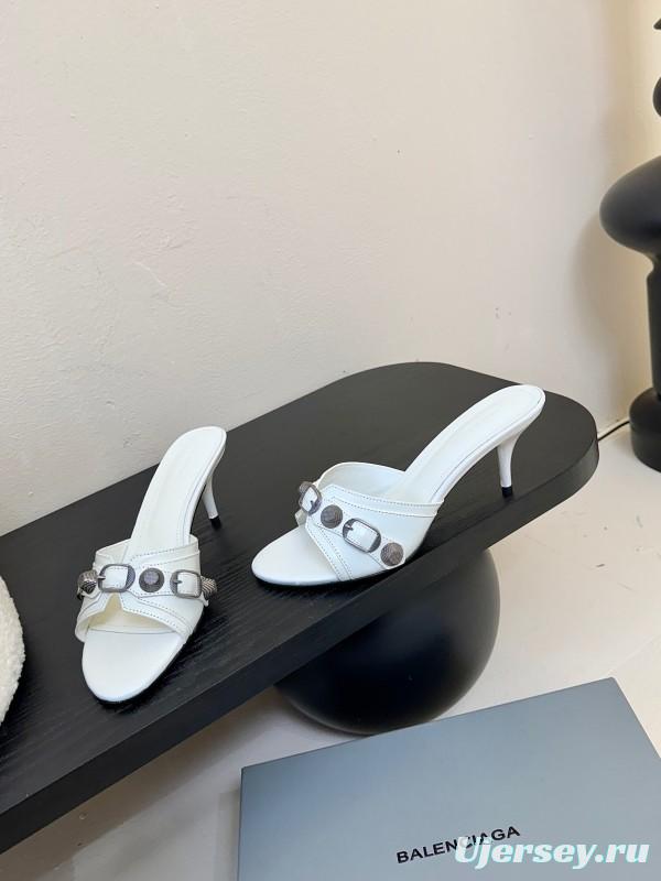 2025 Women Balenciaga White Leather Heeled Mules KFY00290