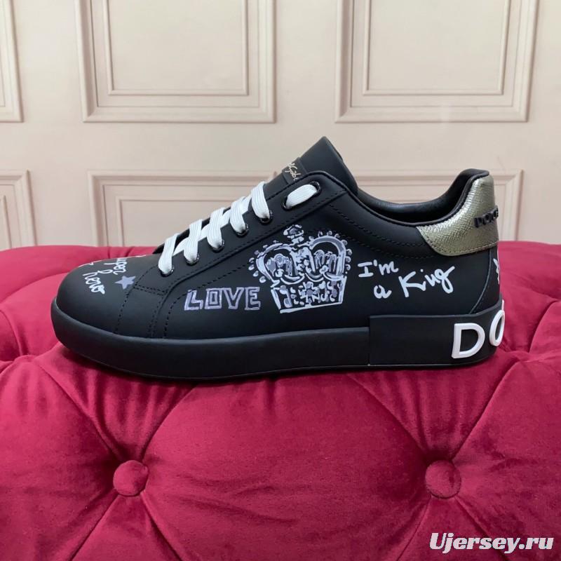 2025 Men Dolce & Gabbana Black Silk Leather Sneakers Crown Embellishment LY00360