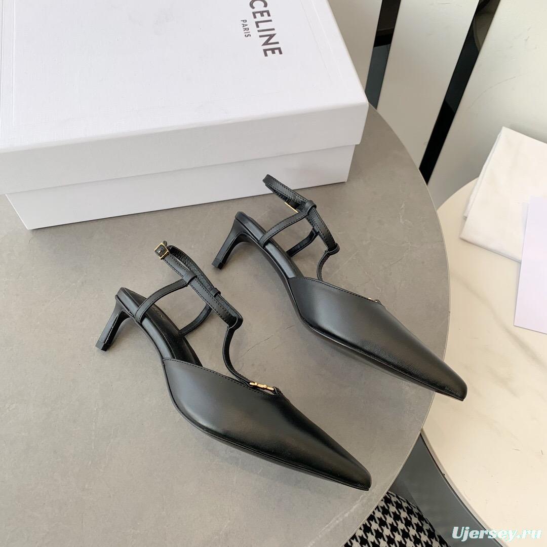 2025 Women Celine Black Calfskin Leather T-Strap TRIOMPHE Pumps