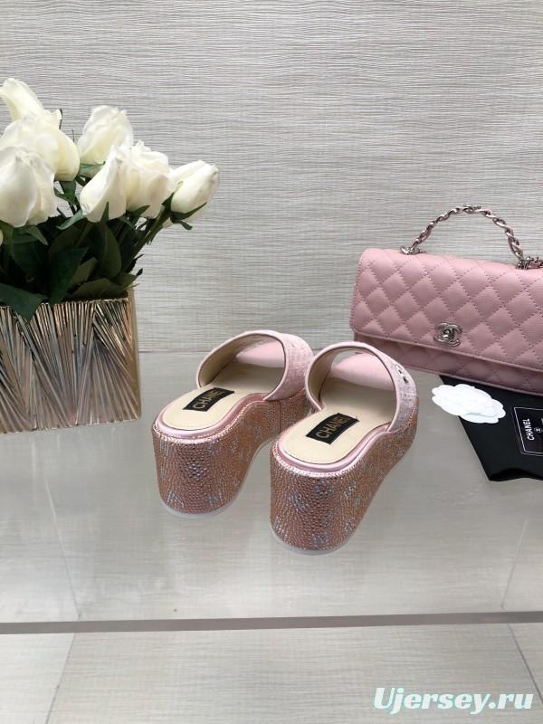 2025 Women Chanel Pink Tweed Platform Slippers LY00320