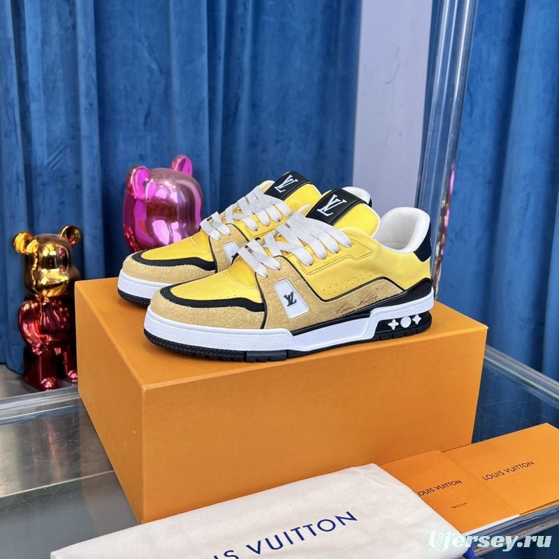 2025 Men Louis Vuitton Yellow Black Leather Suede Sneakers