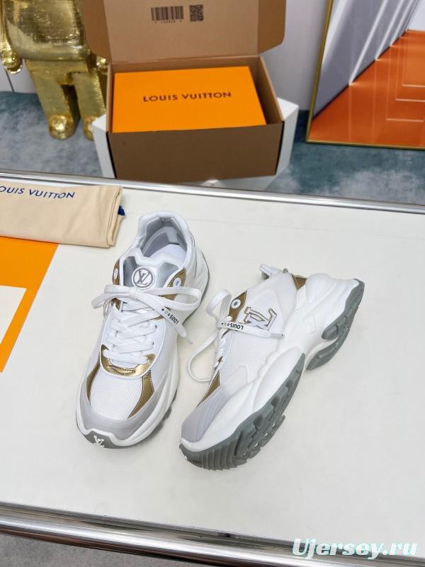 2025 Women Louis Vuitton White Gold Leather Mesh Sneakers LY00340