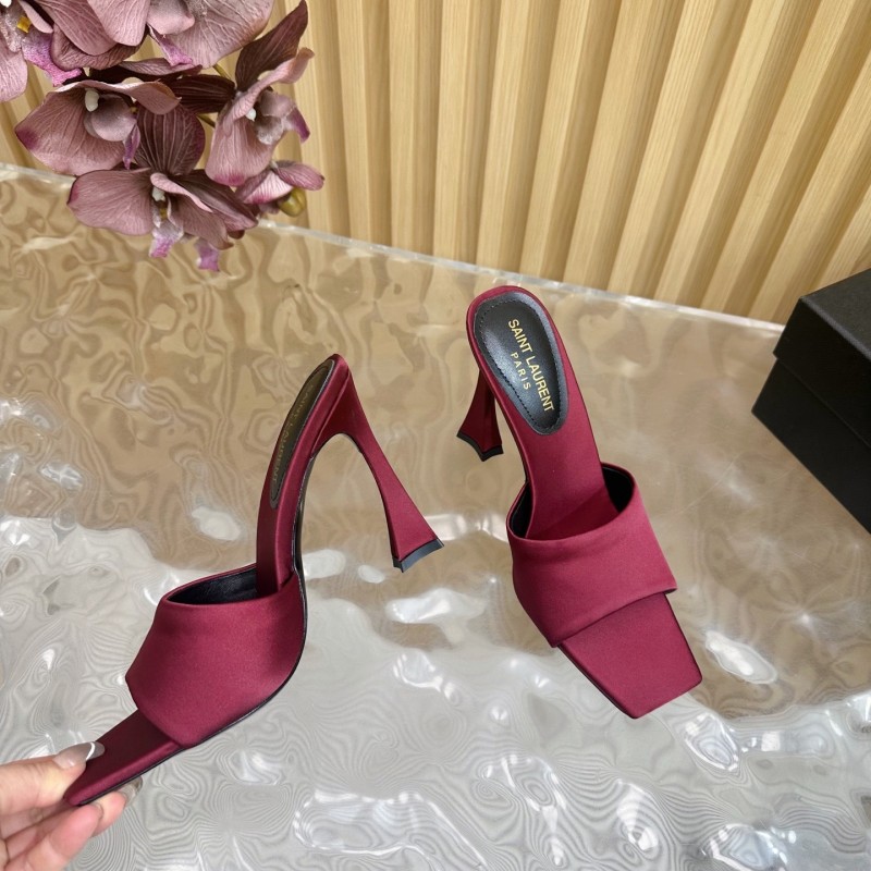 2025 Women Yves Saint Laurent Burgundy Satin High Heel Mules