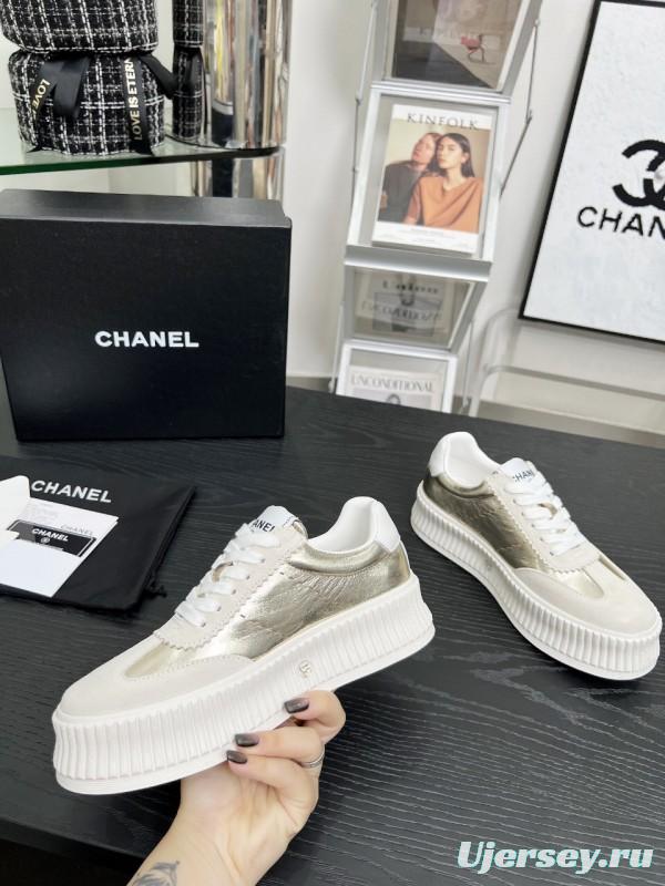 2025 Women Chanel White Gold Leather Suede Sneakers LY00270