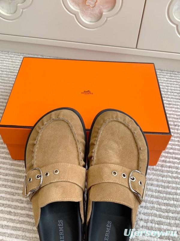 2025 Women Hermès Light Brown Suede Mule Handmade KFY00290