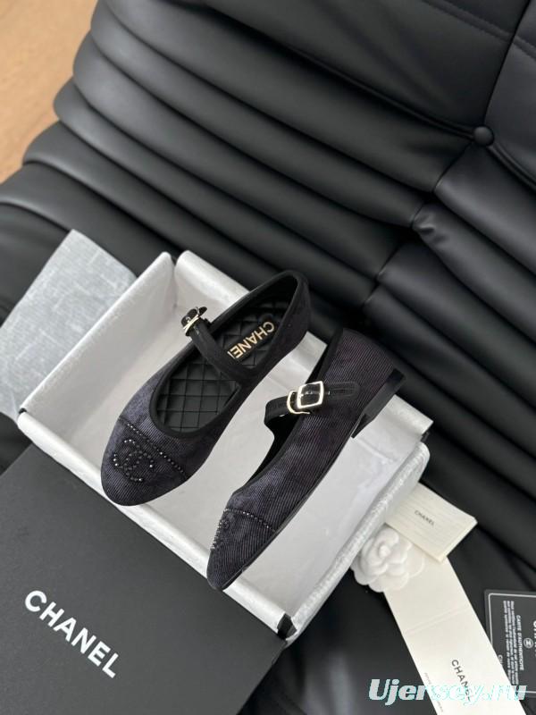 2025 Women Chanel Black Velvet Mary Jane Embroidered LY00280