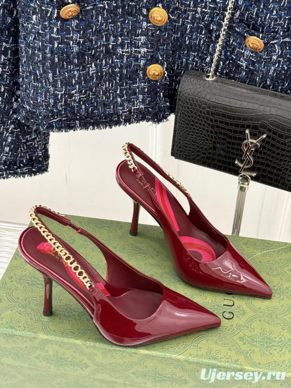 2025 Women Gucci Burgundy Patent Leather Slingback Chain High Heel KFY00300
