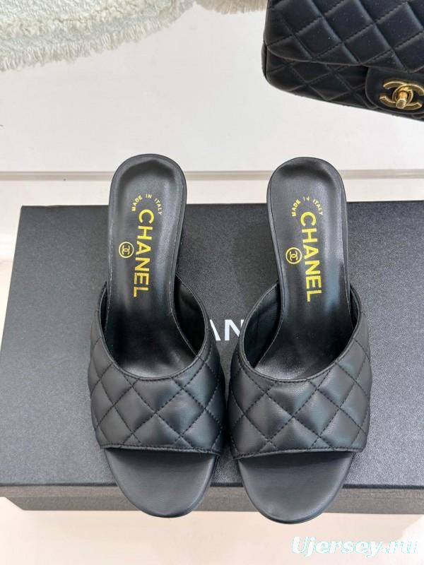 2025 Women Chanel Black Sheepskin Quilted High Heel Sandals