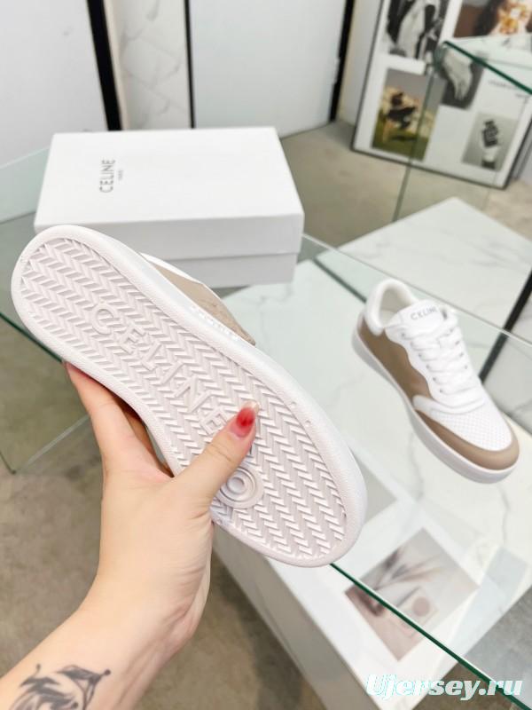 2025 Women Celine White Beige Leather Sneakers BLOCK TRIOMPHE KFY00260