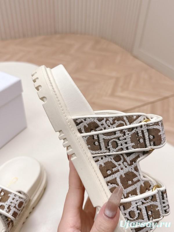 2025 Women Dior Brown Beige Canvas Leather Sandals LY