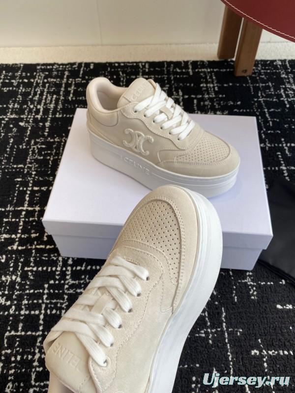 2025 Women Celine Beige Suede Platform Sneakers KFY00320