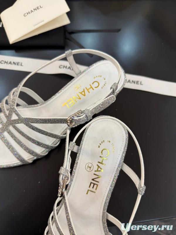 2025 Women Chanel White Synthetic Leather Sandals