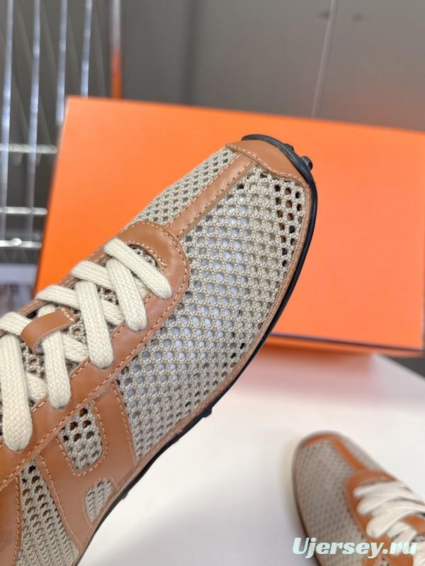 2025 Women Hermès Beige Brown Leather Mesh Sneakers KFY00250