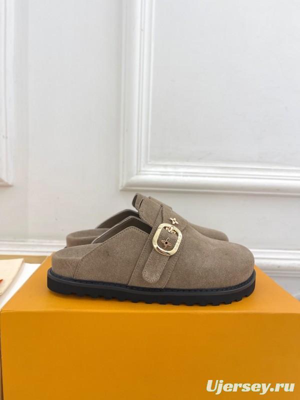 2025 Women Louis Vuitton Brown Suede Slippers Flower Buckle KFY00300