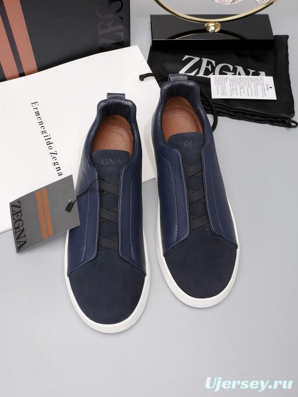 2024 Men Ermenegildo Zegna Navy Blue Leather Suede Low Top Sneakers MJ00240