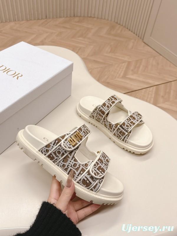 2025 Women Dior Brown Beige Canvas Leather Sandals LY