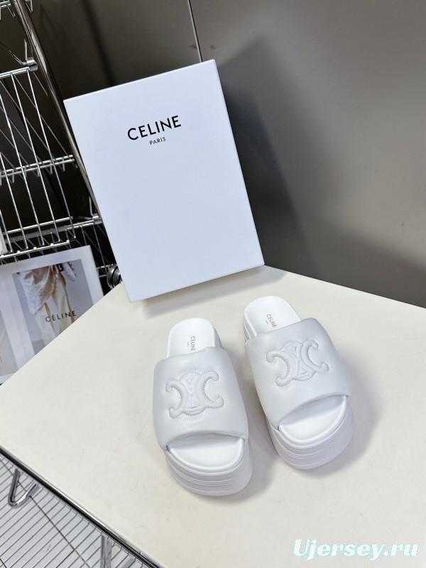 2025 Women Celine White Leather Slippers LY00240