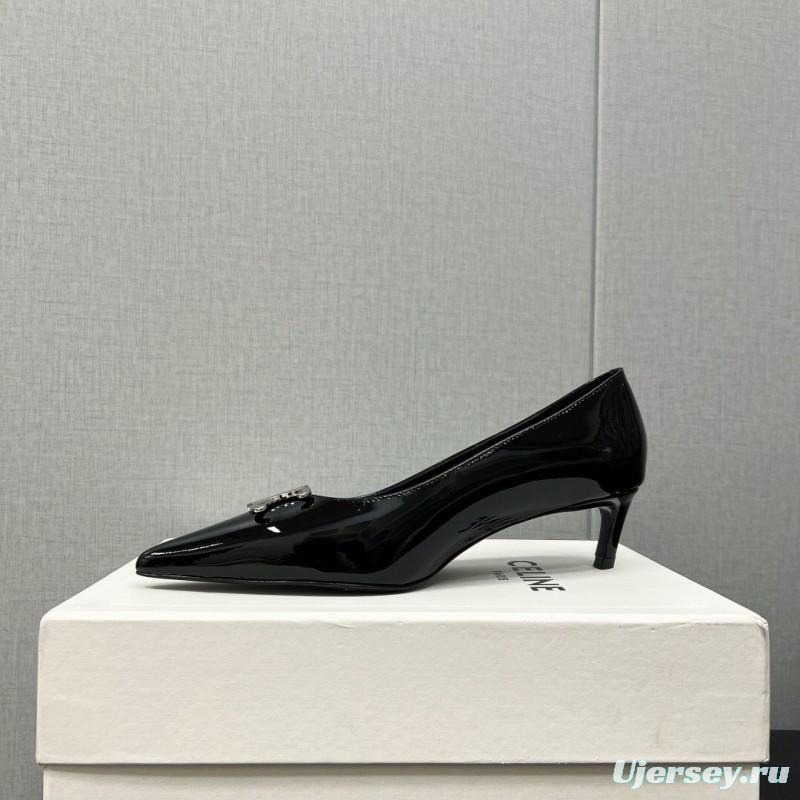2025 Women Celine Black Patent Leather Pointed Toe Buckle Pumps KFY00290