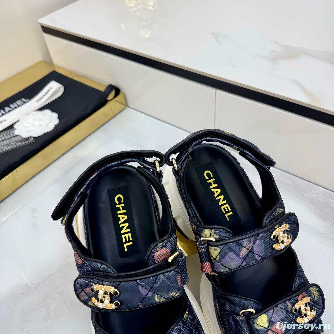 2025 Women Chanel Black Multicolor Fabric Leather Sandals LY00330