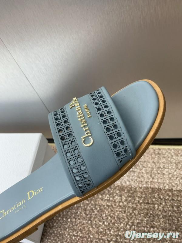 2025 Women Dior Blue Leather Slippers KFY00300