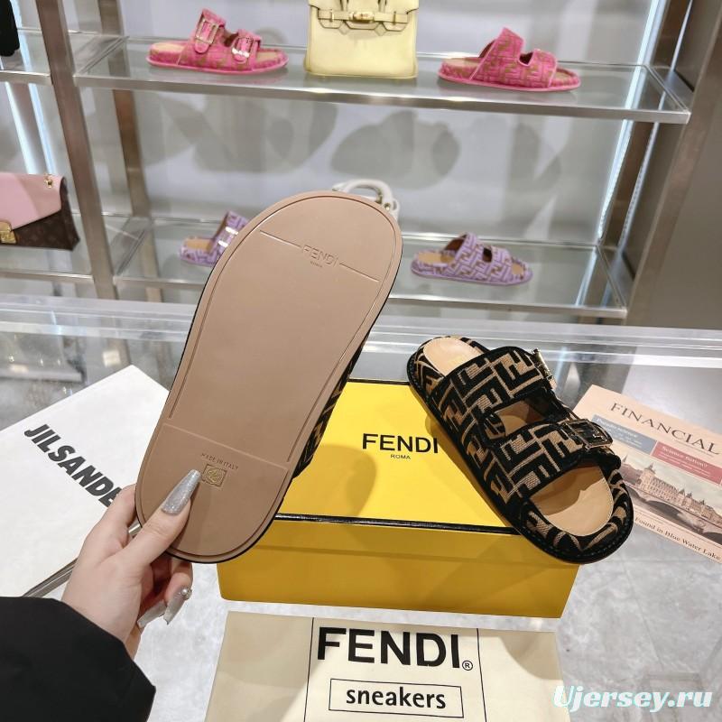 2025 Fendi Black Beige Fabric Slippers FF Buckle KFY00250
