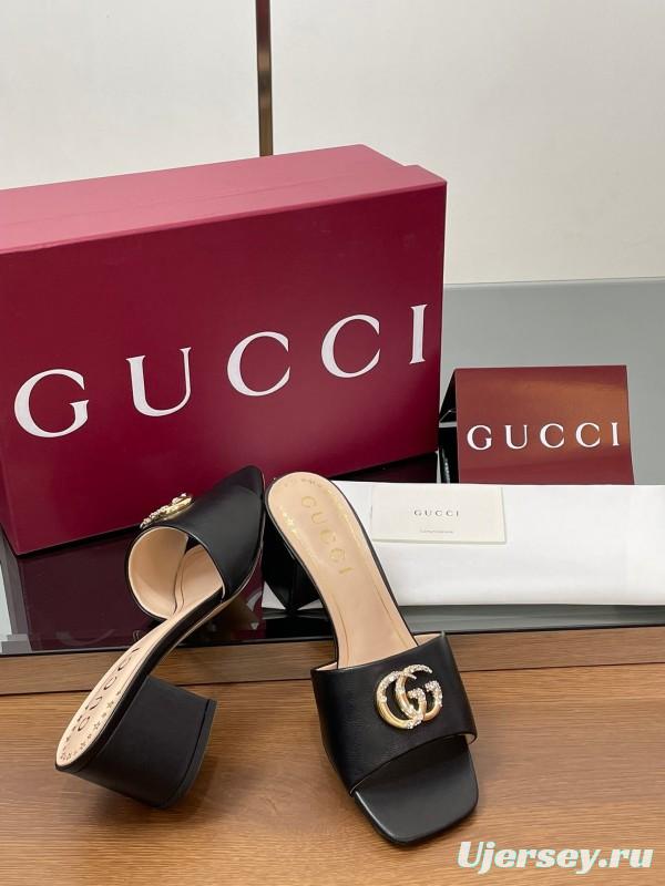 2025 Women Gucci Black Leather Slippers Crystal GG Buckle LY00280