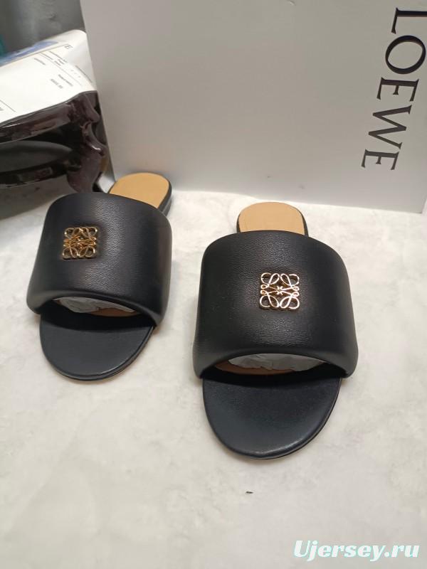 2025 Women Loewe Black Leather Slippers LY00000