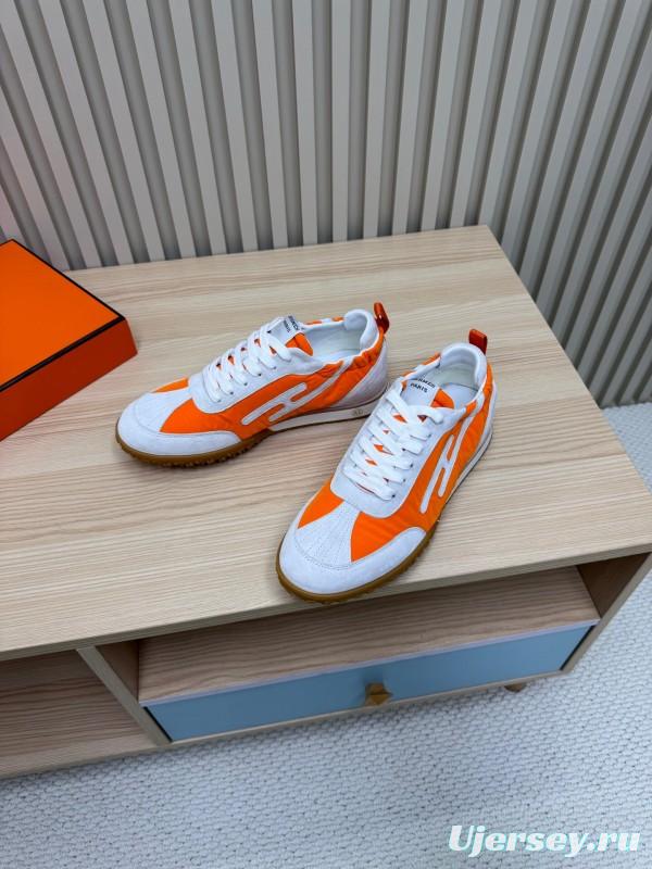 2025 Unisex Hermès Orange White Suede Nylon Sneakers Top Version LY00310