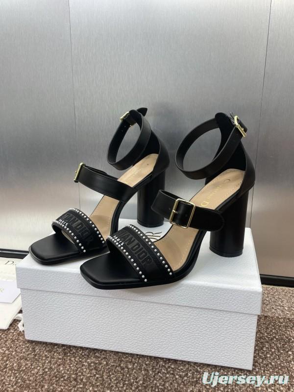 2025 Women Dior Black Leather High Heel Sandals Studded KFY00320