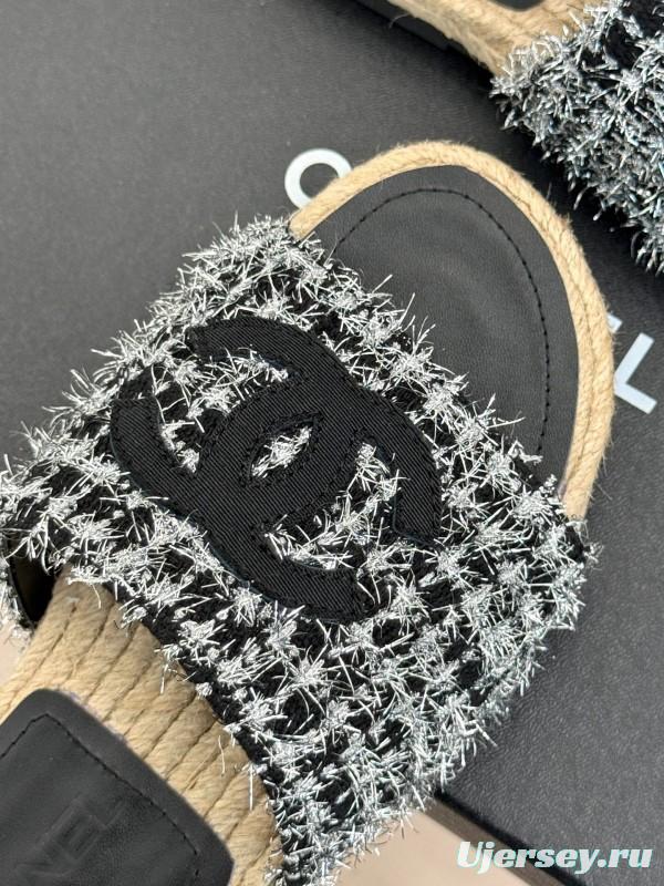 2025 Slippers Chanel Black White Tweed Espadrille Handcrafted KFY00230