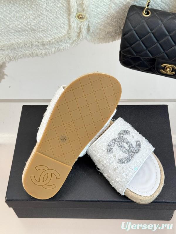2025/Women Chanel White Lace Espadrille Slide Sandals Handwoven Jute Sole KFY00240(F)