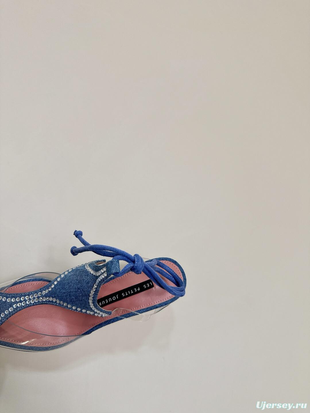 2025 Women Les Petits Joueurs Blue Denim Satin Leather Heels KFY00290