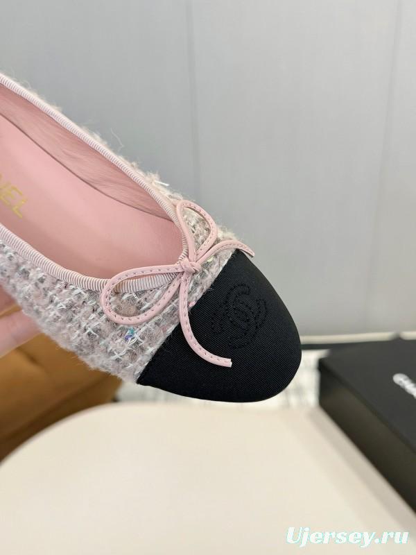 2025 Women Chanel Pink Black Sheepskin Tweed Ballet Flat LY00250