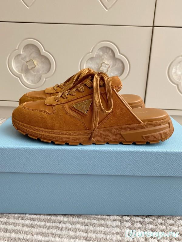 2025 Women Prada Brown Leather Suede Sneakers