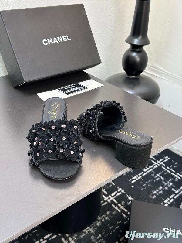2025 Women Chanel Black Suede Heeled Slippers